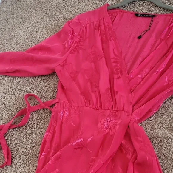 Zara Jacquard Maxi Midi Wrap Dress Size XS Pink Floral Belted Kimono Silky Robe - Picture 6 of 8